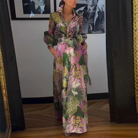 Roiiz Elegant Long Sleeve Pink Maxi Dress